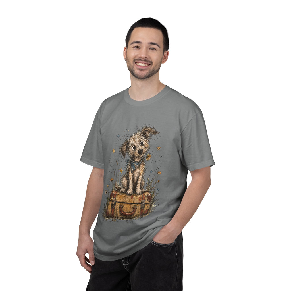 Cute Puppy on Suitcase T-Shirt — Vintage Traveler Dog Graphic Tee