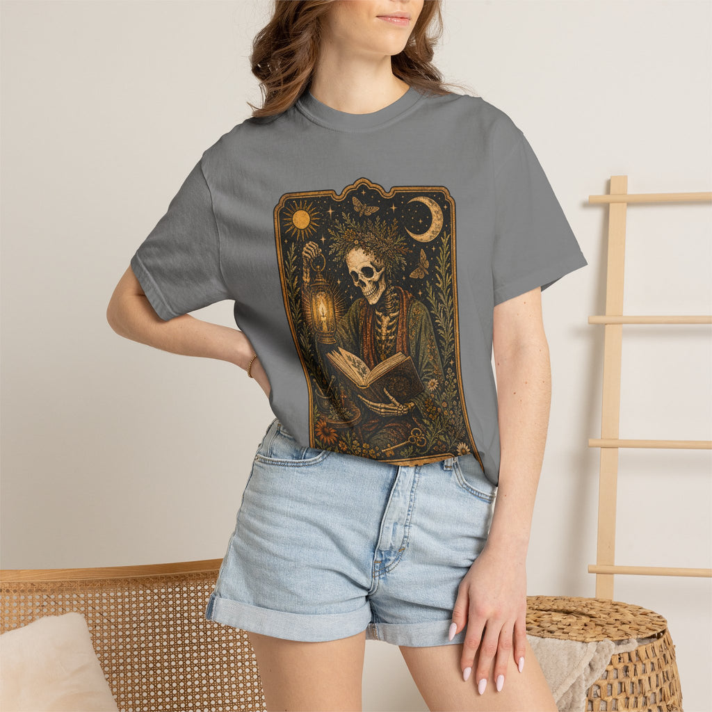 Reader Tarot T-Shirt — Gothic Skeleton Booklover Tee