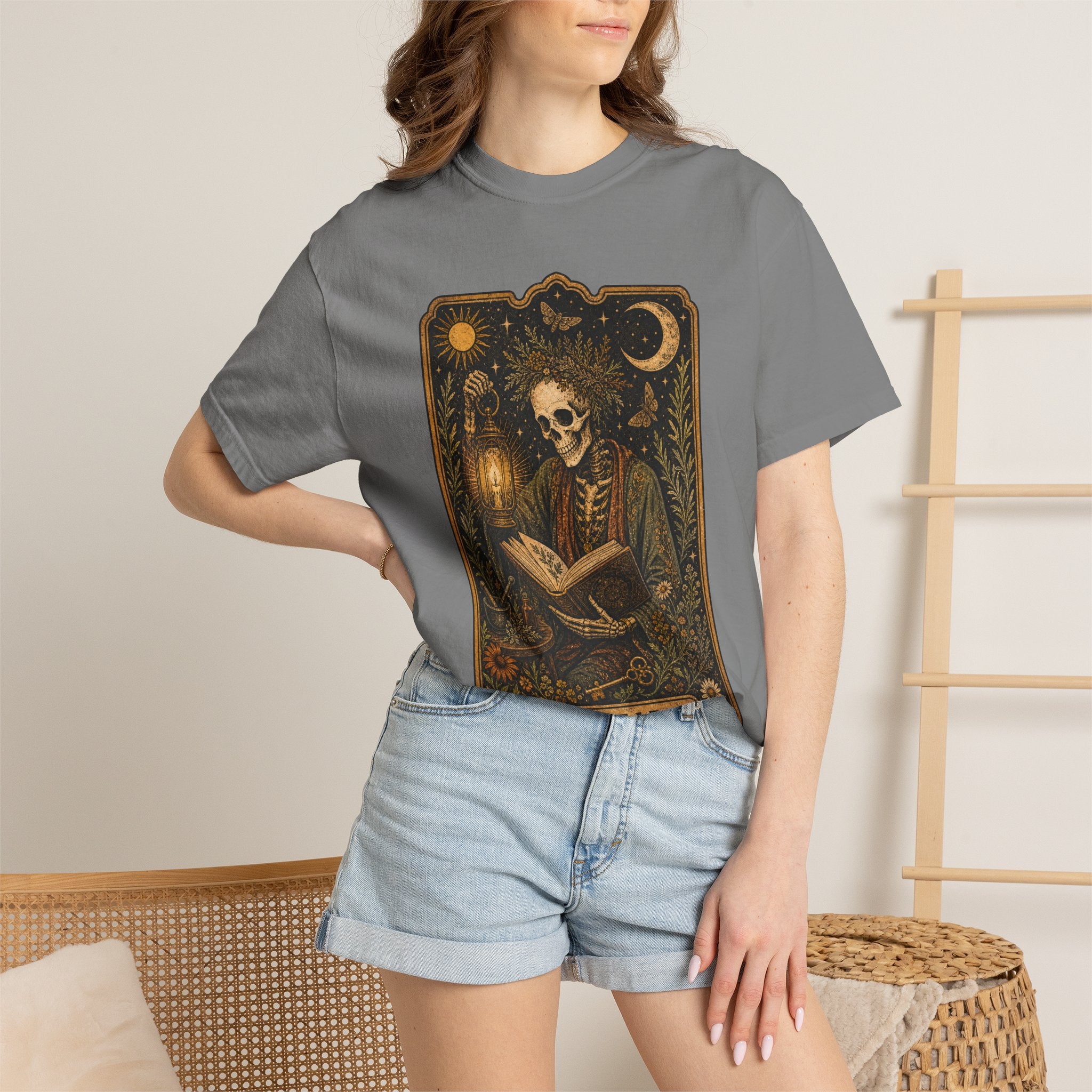 Reader Tarot T-Shirt — Gothic Skeleton Booklover Tee