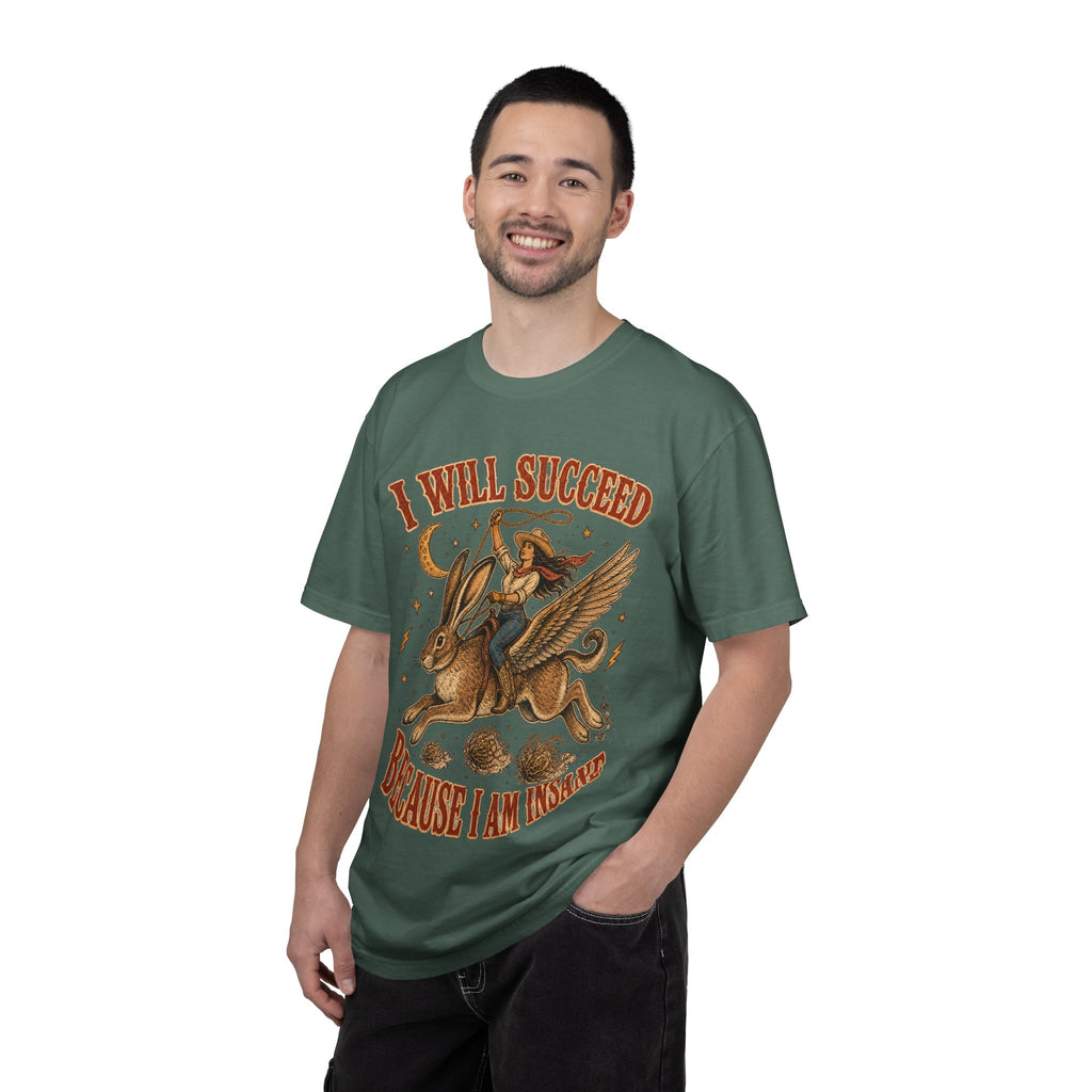 I Will Succeed Because I Am Insane T-Shirt — Vintage Psychedelic Rider on Winged Rabbit Graphic Tee