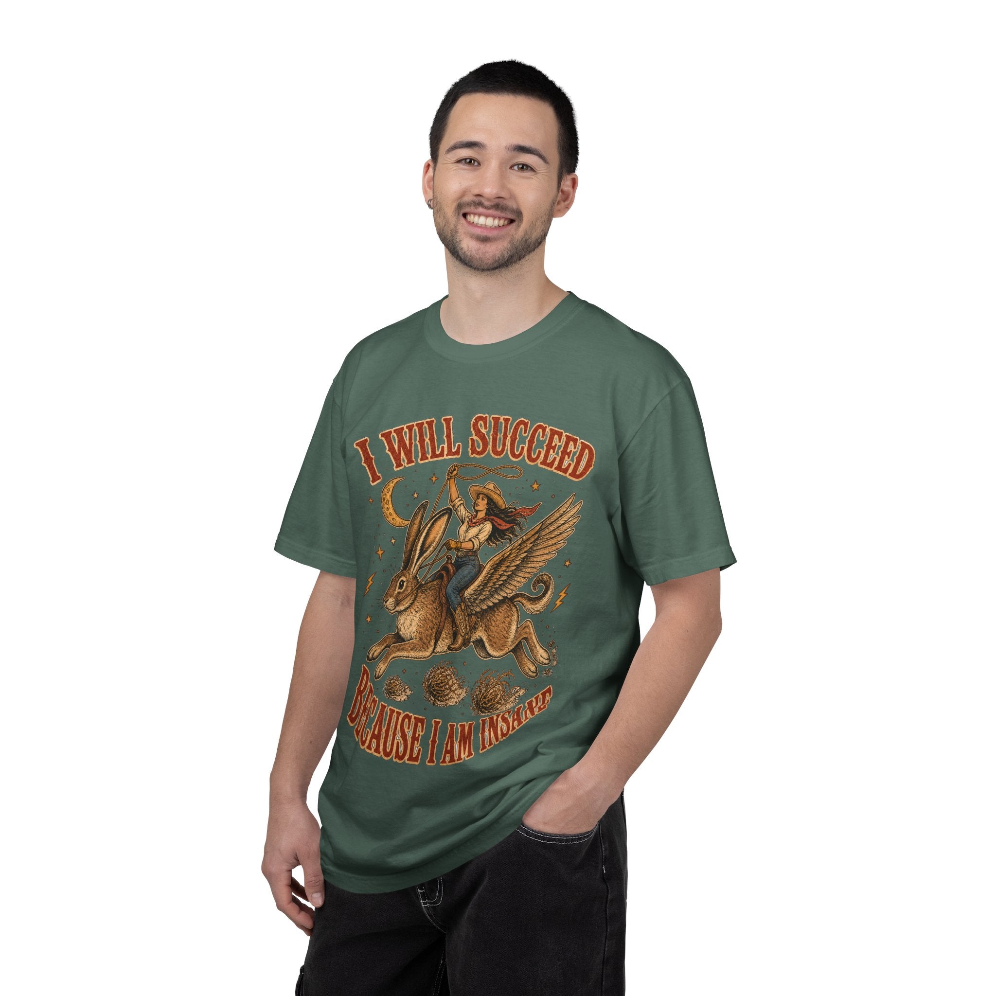 I Will Succeed Because I Am Insane T-Shirt — Vintage Psychedelic Rider on Winged Rabbit Graphic Tee