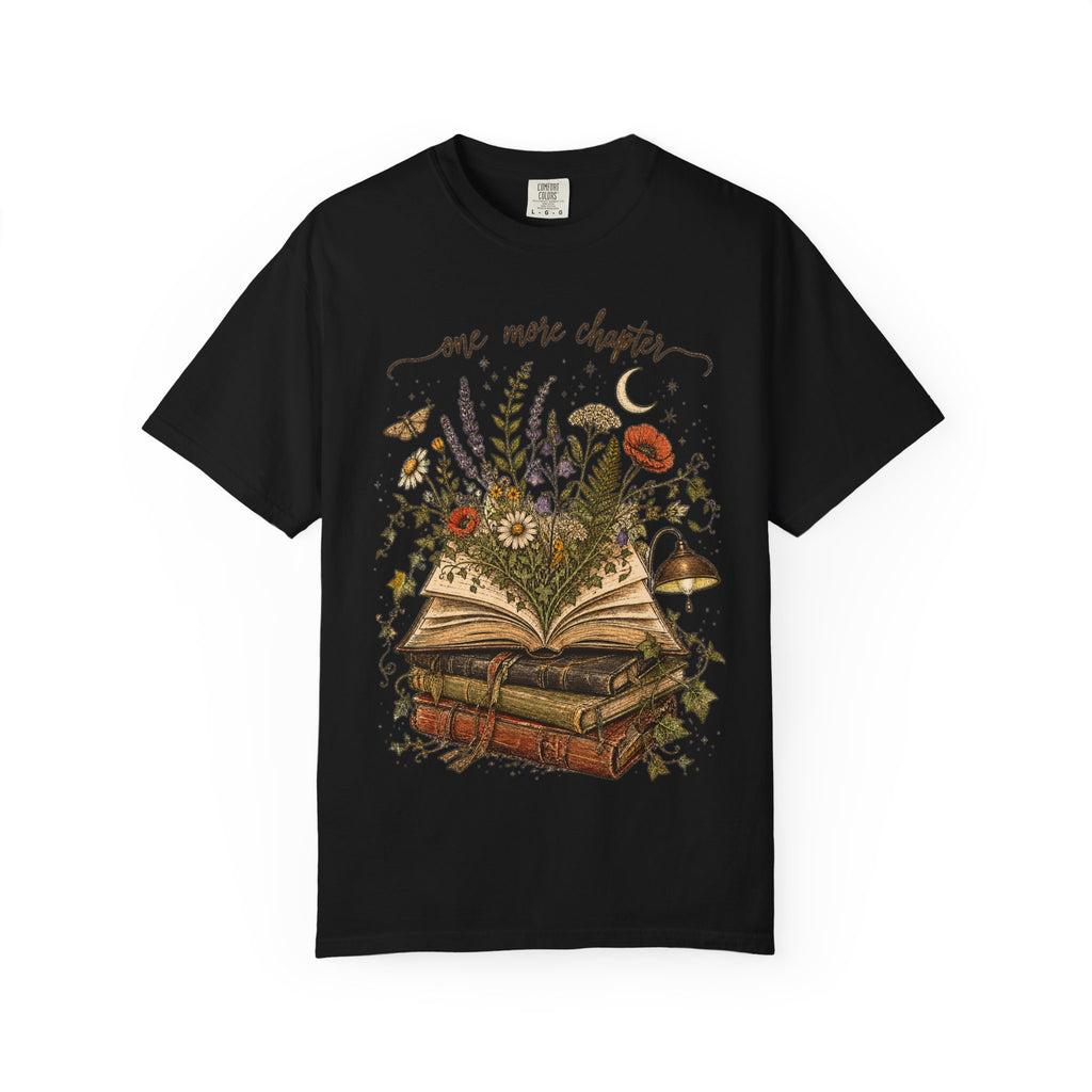Book Lover T-Shirt — "One More Chapter" Floral Open Book Design