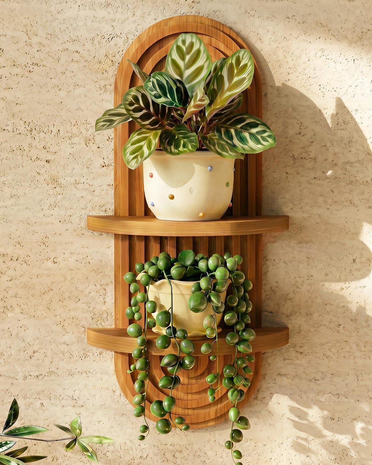 Bamworld Boho Wall Decor Brown Plant Wall Shelf, Mid Century Modern Decor Hanging Plant Shelf, 2-Tier Wooden Floating Shelves for Home, Bathroom Bedroom Living Room, Office Holding Planter Decoration