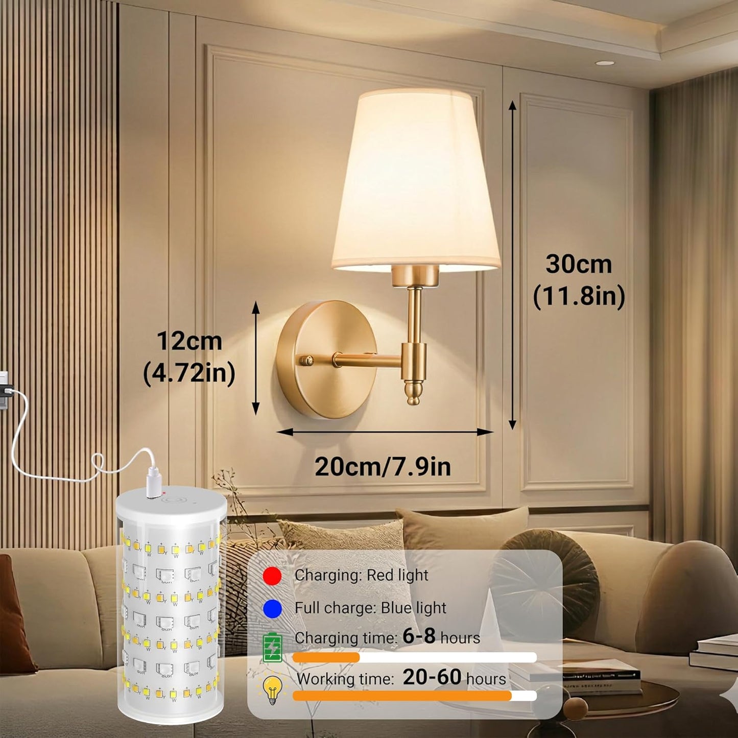 Nekhung Battery Operated Wall Sconces Set of Two, Wireless Battery Wall Light with 10000mAh RGB Dimmable Magnetic Bulb and Remote, Rechargeable Sconce Wall Decor for Bedroom Living Room Hallway