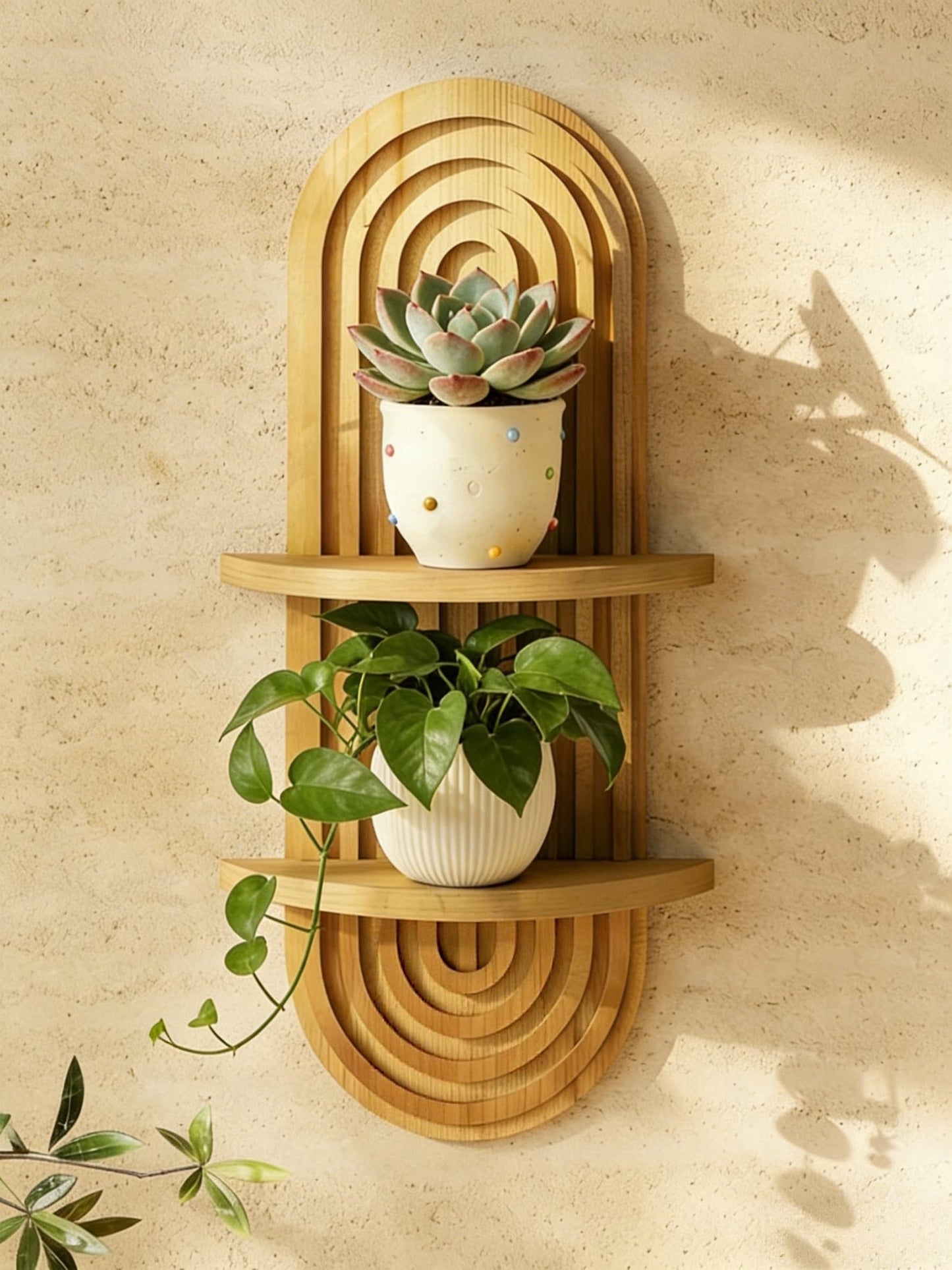 Bamworld Boho Wall Decor Brown Plant Wall Shelf, Mid Century Modern Decor Hanging Plant Shelf, 2-Tier Wooden Floating Shelves for Home, Bathroom Bedroom Living Room, Office Holding Planter Decoration