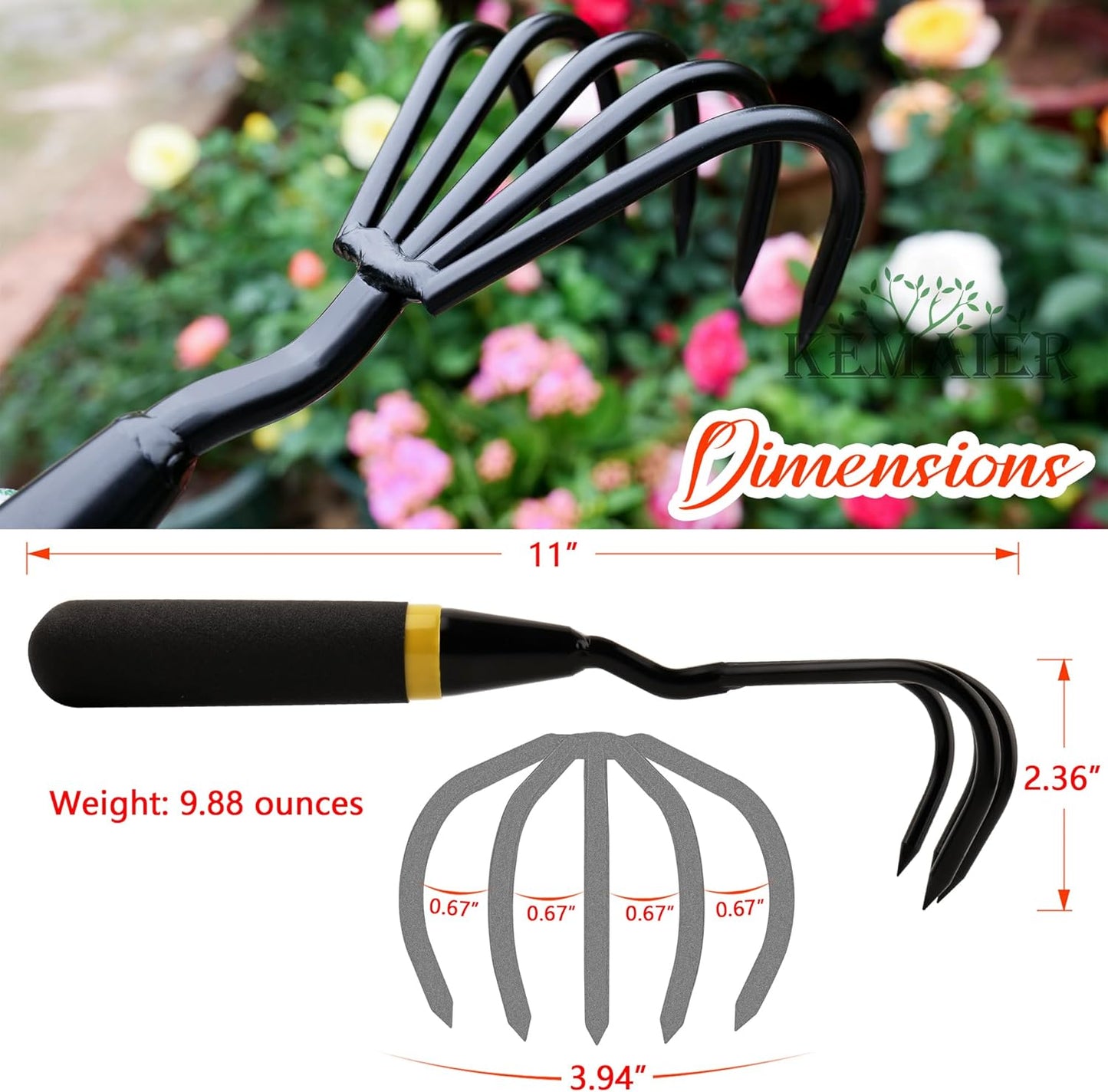 Kemaier Garden Tool Set - Featuring a Heavy-Duty Stainless Steel Hand Cultivator, Transplant Shovel, Trowel, Crack Weeder, and Dandelion Weeder - The Ultimate, Unbreakable Gardening Gift