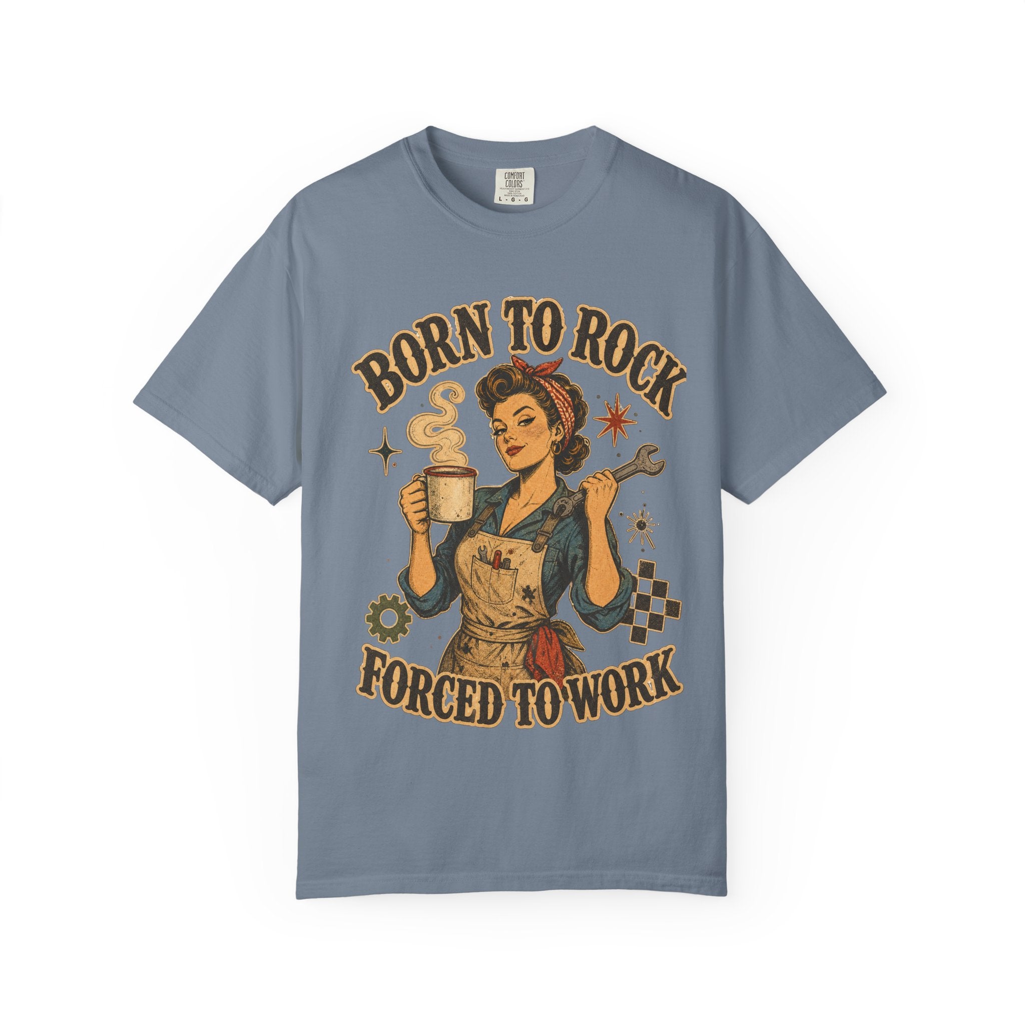 Born to Rock Retro Rosie T-Shirt — "Born to Rock, Forced to Work" Vintage Coffee Tee