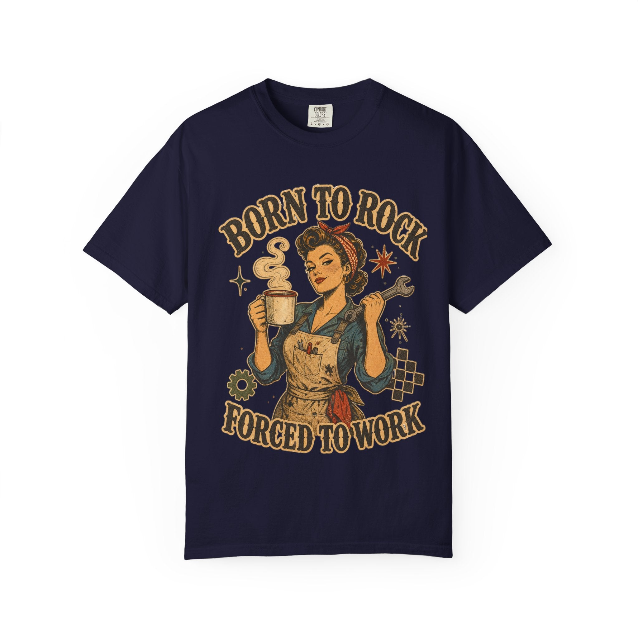 Born to Rock Retro Rosie T-Shirt — "Born to Rock, Forced to Work" Vintage Coffee Tee