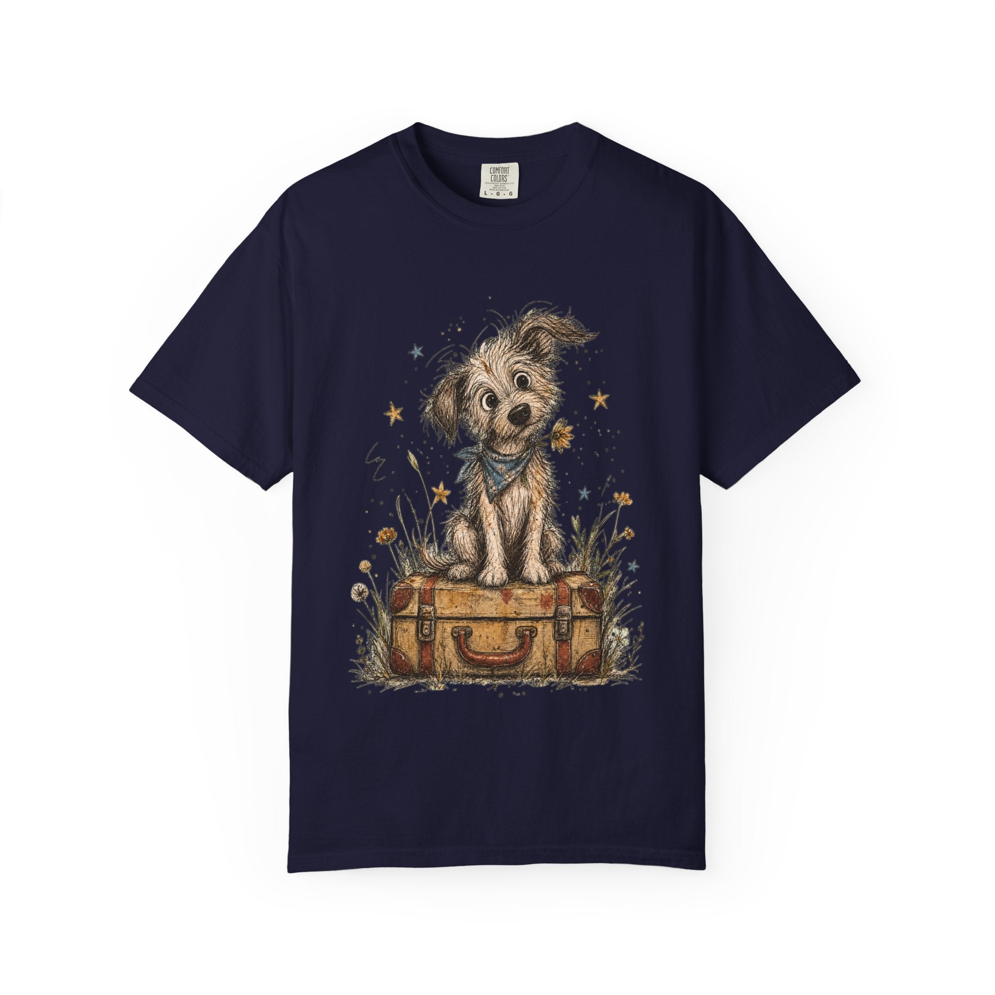 Cute Puppy on Suitcase T-Shirt — Vintage Traveler Dog Graphic Tee
