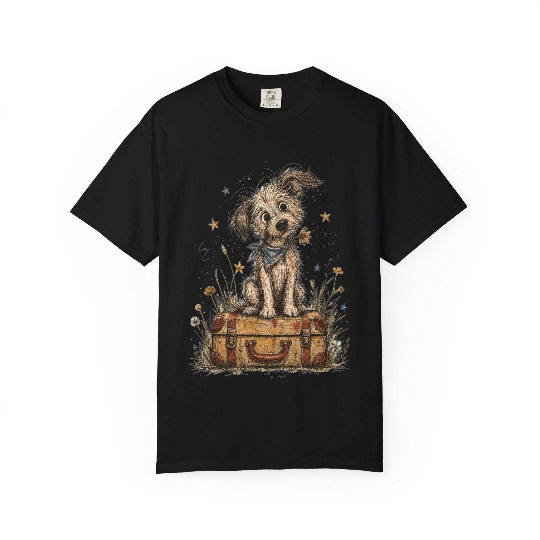 Cute Puppy on Suitcase T-Shirt — Vintage Traveler Dog Graphic Tee